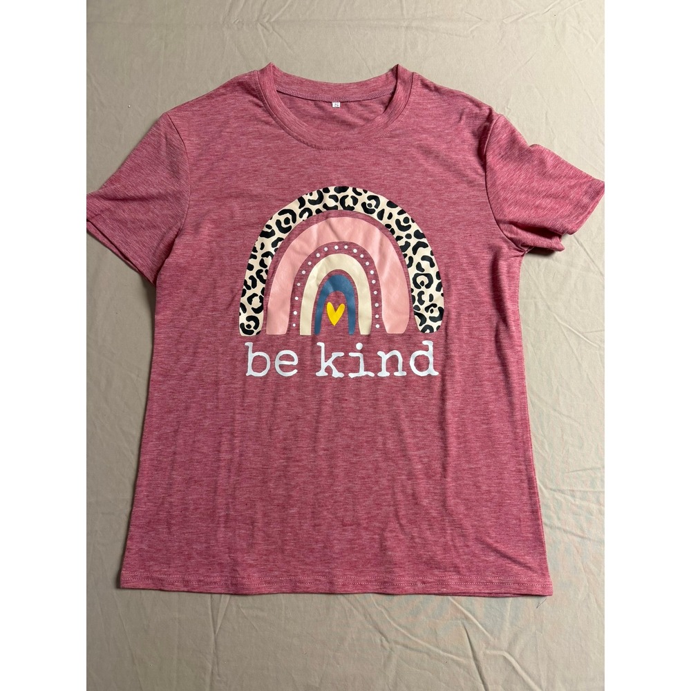 Be Kind Rainbow Leopard Graphic T-Shirt Mauve Pink Short Sleeve Tee Small
